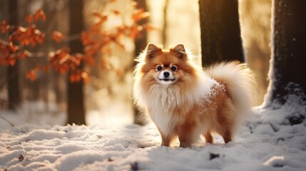 Pomeranian taking a stroll in a snowy forest, creating a picturesque winter scene.