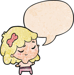 cute cartoon happy girl with speech bubble in retro texture style