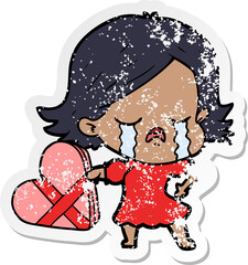 distressed sticker of a cartoon girl crying over valentines