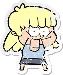 distressed sticker of a cartoon smiling woman