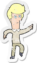 retro distressed sticker of a cartoon man pointing