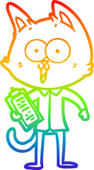 rainbow gradient line drawing of a funny cartoon cat wearing shirt and tie