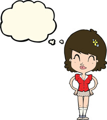 cartoon happy woman with thought bubble