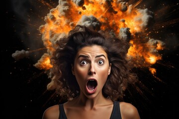 mind blowing, shocked woman with explosion on their head