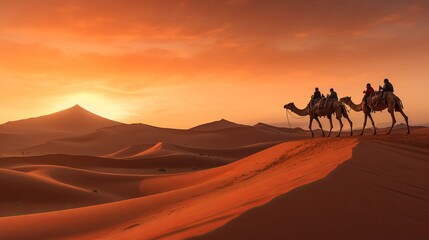 Fototapeta na wymiar A picture of a camel caravan in the desert during sunrise