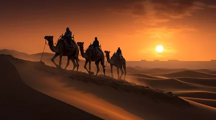 Foto op Plexiglas A picture of a camel caravan in the desert during sunrise © Khalida