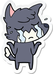 sticker of a crying fox shrugging shoulders