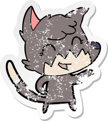 distressed sticker of a happy cartoon fox