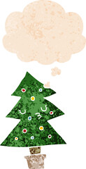 cartoon christmas tree with thought bubble in grunge distressed retro textured style