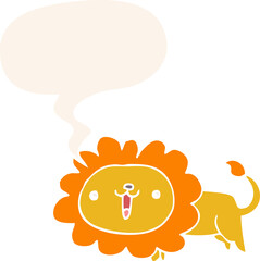 cute cartoon lion with speech bubble in retro style