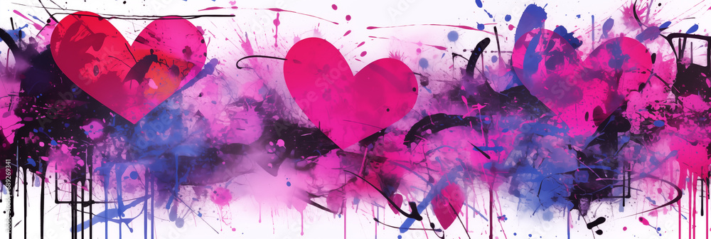 Wall mural abstract colorful wall scribble hearts pattern background banner, street art graffiti texture. panor