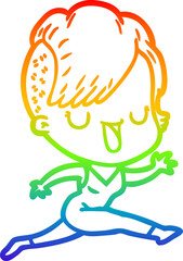 rainbow gradient line drawing of a cute cartoon girl with hipster haircut