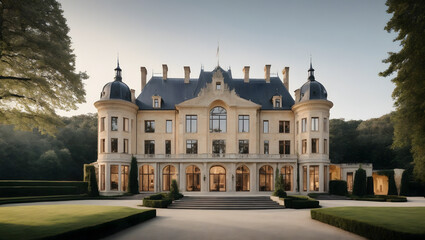 Renovated Castle with Modern Additions, Combining Classic Architecture with Contemporary Glass Elements.