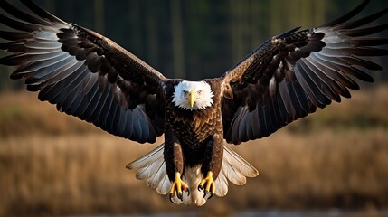 A pair of bald eagles with their wings spread wide open - obrazy, fototapety, plakaty