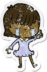 distressed sticker of a cartoon woman crying