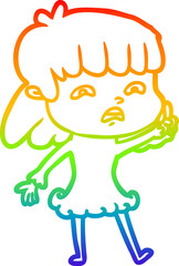 rainbow gradient line drawing of a cartoon worried woman