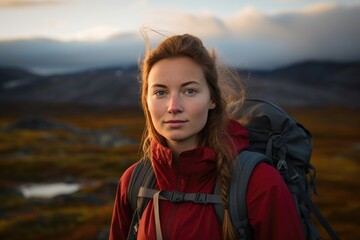 tourists go hiking, mountains and lake