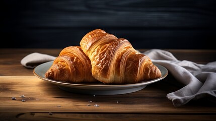 The shot features a freshly baked croissant on a plate atop a wooden table, with a dark and moody style that selectively focuses on natural light.