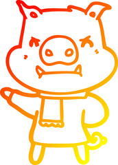 warm gradient line drawing of a angry cartoon pig in winter clothes