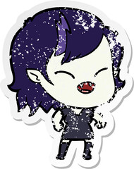 distressed sticker of a cartoon laughing vampire girl