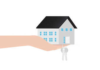 Fototapeta na wymiar Hand Holding House and Key. House Real Estate Property. House Loan, Mortgage or Renting House Concept. Vector Illustration. 