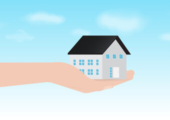 Fototapeta na wymiar Hand Holding House. House Real Estate Property. House Loan, Mortgage or Renting House Concept. Vector Illustration. 