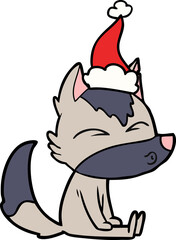 hand drawn line drawing of a wolf whistling wearing santa hat
