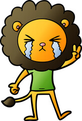 cartoon crying lion giving peace sign