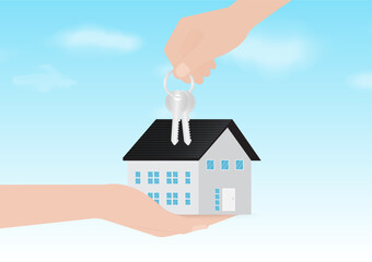 Hand Holding House and Key. House Real Estate Property. House Loan, Mortgage or Renting House Concept. Vector Illustration. 