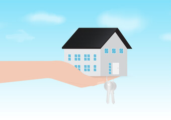 Hand Holding House and Key. House Real Estate Property. House Loan, Mortgage or Renting House Concept. Vector Illustration. 
