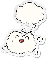 cartoon happy smoke cloud with thought bubble as a printed sticker