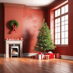 Empty unfurnished nostalgic retro living room with a few wrapped gifts under the Christmas decorated tree in front of an empty plaster wall with copy space.