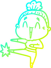 cold gradient line drawing of a cartoon happy old lady