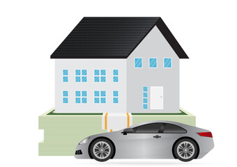 House and Car with Stack of Dollar Banknote. House Real Estate Property. Saving Money for House and Car. House Loan or Mortgage Concept. 