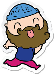 sticker of a running man with beard sticking out tongue