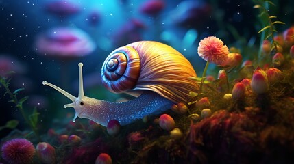 A snail that is realistic in its natural habitat - obrazy, fototapety, plakaty