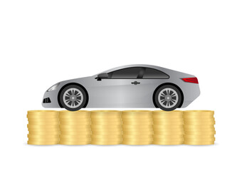 Car and Coin Stack. Saving Money for  Car. Car Financing, Insurance or Car Loan Concept. Vector Illustration. 