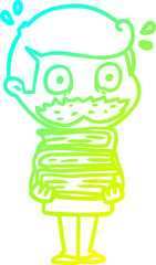 cold gradient line drawing of a cartoon man with mustache and books