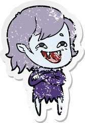 distressed sticker of a cartoon laughing vampire girl