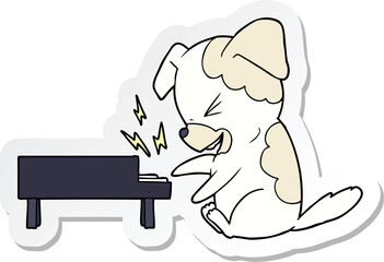 sticker of a cartoon dog rocking out on piano