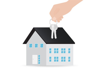 Hand Holding Key with House. House Real Estate Property. House Loan, Mortgage or Renting House Concept. 