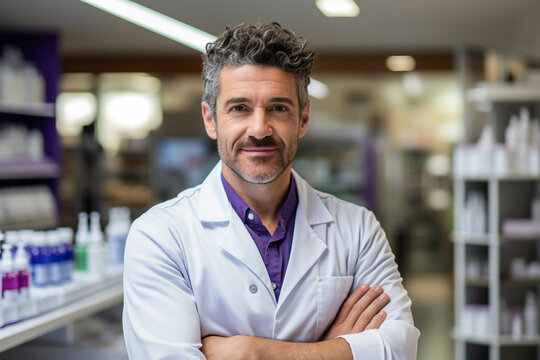 Portrait of smiling friendly male professional pharmacist in purple shirt, arms crossed in lab white coat standing in pharmacy shop or drugstore in front of shelf with medicines. Health care concept.
