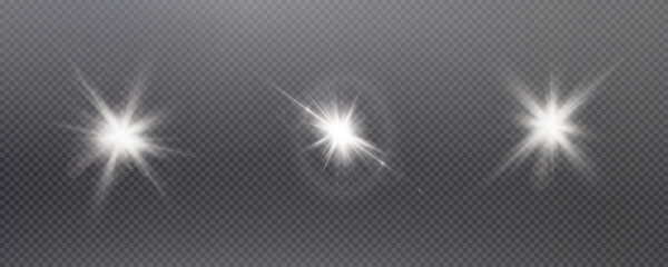 Set of realistic vector white stars png. Set of vector suns png. White flares with highlights.	
