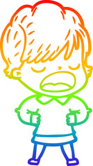 rainbow gradient line drawing of a cartoon woman talking