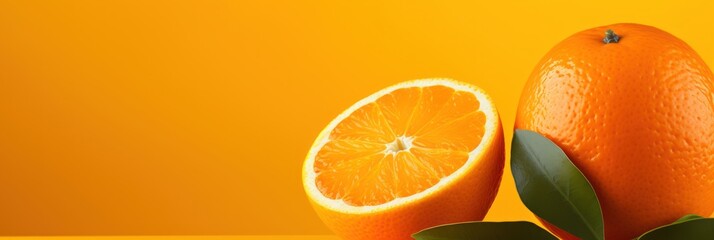 Fresh citrus fruit on orange background, wide horizontal panoramic banner with copy space, or web site header with empty area for text.