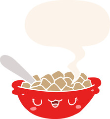 cute cartoon bowl of cereal with speech bubble in retro style