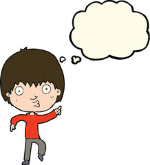 cartoon impressed boy pointing with thought bubble