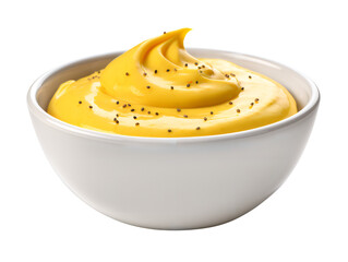 Mustard sauce in a bowl, isolated on a transparent or white background