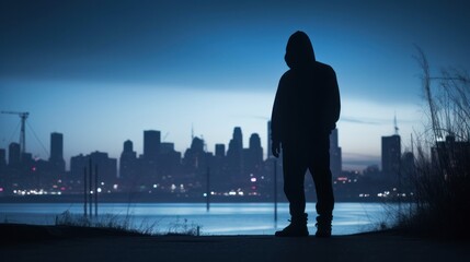 Fototapeta na wymiar Night city scene with silhouette of dangerous criminal man wearing hood and looking for a victim, illustration for true crime story. Outdoor urban background.