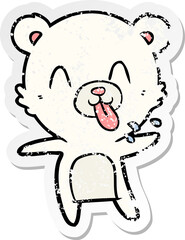 distressed sticker of a rude cartoon polar bear sticking out tongue